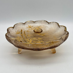 French Art Nouveau Legras Mont Joys Japanism Glass Dish with Three Foot Decorated Bamboo and a Bird