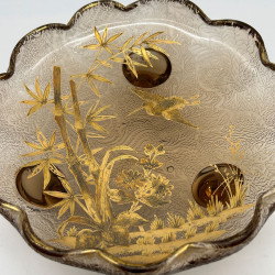 French Art Nouveau Legras Mont Joys  Japanism Glass Dish with Three Foot Decorated Bamboo and a Bird