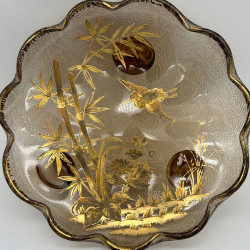 French Art Nouveau Legras Mont Joys Japanism Glass Dish with Three Foot Decorated Bamboo and a Bird