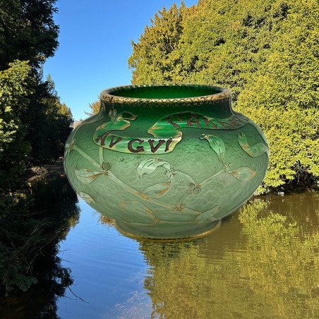 Daum Freres Glass Vase, Graduated Green Ground, Acid Etched Overlaid with Gui