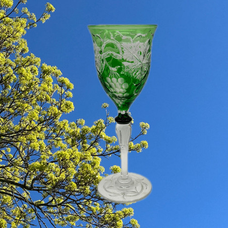 Steven and Williams Green Overlay on Clear Cut Wine Glass with Grape and Vine Design