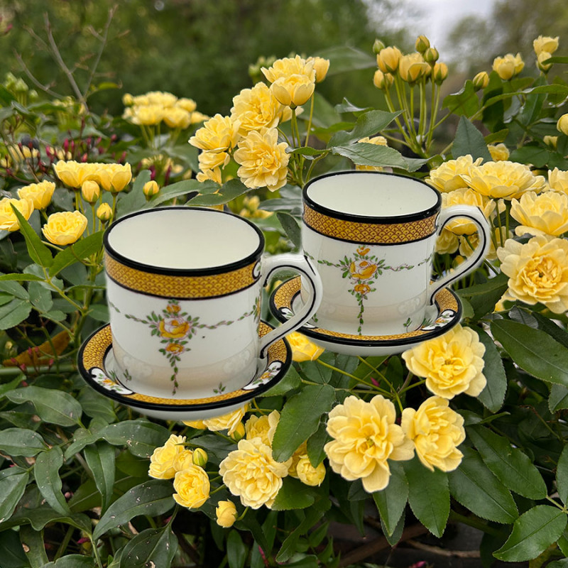Minton Porcelain Six  Demitasse Set,  Hand Painted Rose Garlands with Enameled Leave
