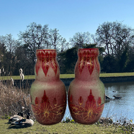 Art Nouveau a Pair of Baccarat Cameo Uranium Glass Vases Decorated with Water Lily