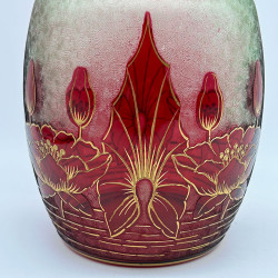 Art Nouveau a Pair of Baccarat Cameo Uranium Glass Vases Decorated with Water Lily