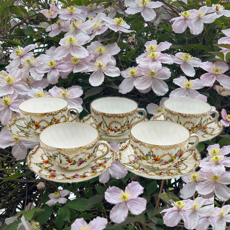 Dresden Set of Five Cups and Saucers, Hand Painted with Garlands