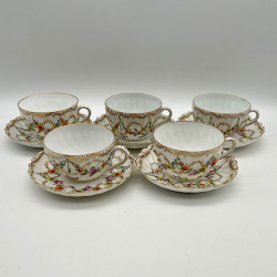Dresden Set of Five Cups and Saucers, Hand Painted with Garlands