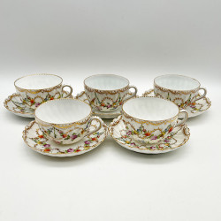 Dresden Set of Five Cups and Saucers, Hand Painted with Garlands