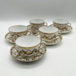 Dresden Set of Five Cups and Saucers, Hand Painted with Garlands