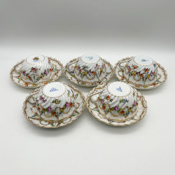 Dresden Set of Five Cups and Saucers, Hand Painted with Garlands