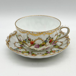 Dresden Set of Five Cups and Saucers, Hand Painted with Garlands
