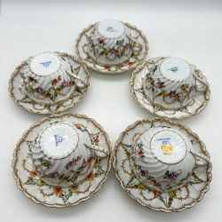 Dresden Set of Five Cups and Saucers, Hand Painted with Garlands