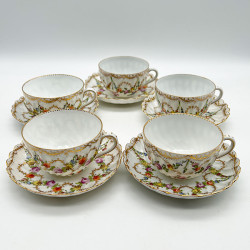 Dresden Set of Five Cups and Saucers, Hand Painted with Garlands