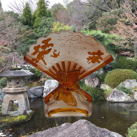 Old Baccarat Glass Fan formed Japanism Vase Decorated with Pine Trees and Butterflies Old Baccarat Glass Fan formed Japanism Vase Decorated with Pine Trees and Butterflies