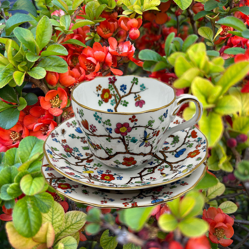 Copeland-Spode Porcelain Trio, Hand Painted with Quince and Insects
