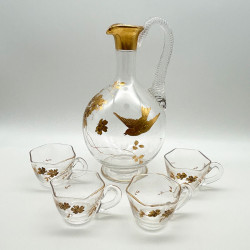 French Art Nouveau Glass Carafe and Four Glasses Gilded with Bird and Plum Blossom