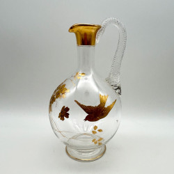 French Art Nouveau Glass Carafe and Four Glasses Gilded with Bird and Plum Blossom