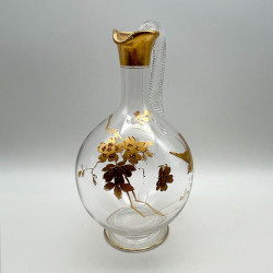 French Art Nouveau Glass Carafe and Four Glasses Gilded with Bird and Plum Blossom