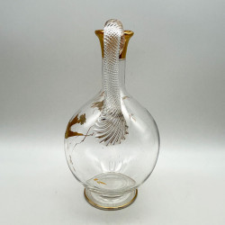 French Art Nouveau Glass Carafe and Four Glasses Gilded with Bird and Plum Blossom