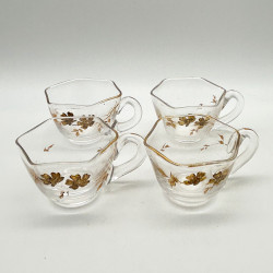 French Art Nouveau Glass Carafe and Four Glasses Gilded with Bird and Plum Blossom