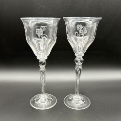 A English Art Nouveau Wine Glass Engraved Flower Motif and Air Twist Stem