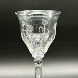A English Art Nouveau Wine Glass Engraved Flower Motif and Air Twist Stem