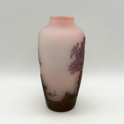 Emile Galle Cameo Glass Vase, Pink Ground Acid Etched Overlay with Floral Pattern