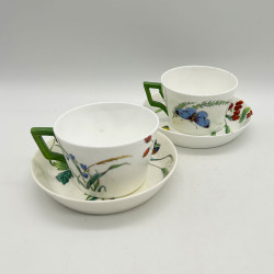Minton Porcelain Set of Six Cups and Saucers, Hand Painted Floral and Butterfly Motives