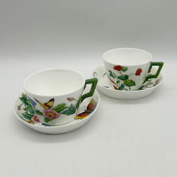Minton Porcelain Set of Six Cups and Saucers, Hand Painted Floral and Butterfly Motives