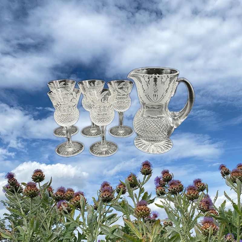 Edinburgh Chrystal Thistle Formed Glass Jug and Five Glasses, Acid Etched Thistles
