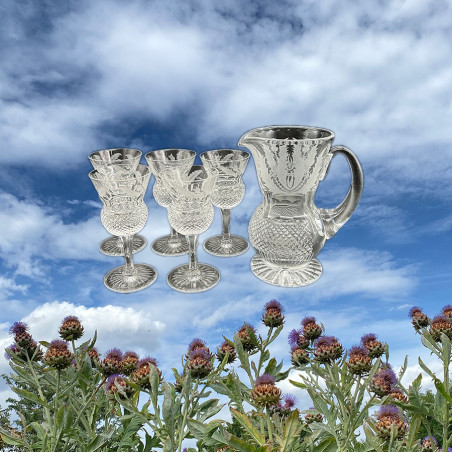 Edinburgh Chrystal Thistle Formed Glass Jug and Five Glasses, Acid Etched Thistles