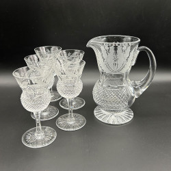 Edinburgh Chrystal Thistle Formed Glass Jug and Five Glasses, Acid Etched Thistles