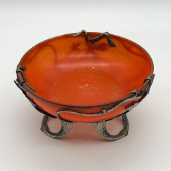 French Art Nouveau Glass bowl with Metal Sycamore Frame by Val