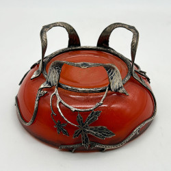 French Art Nouveau Glass bowl with Metal Sycamore Frame by Val