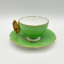 Aynslely China Butterfly Handled Cup and Saucer, Cabbage Green
