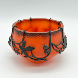 French Art Nouveau Glass Bowl Iron Wrought Frame with Val