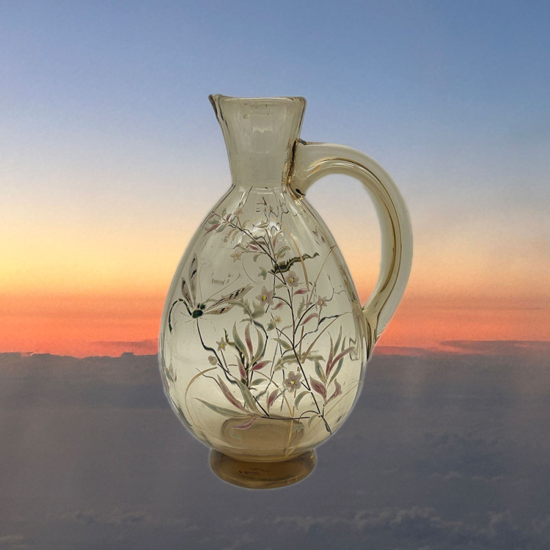 Emile Galle Enamelled Glass Jug, Decorated with Floral Patten and a Dragonfly