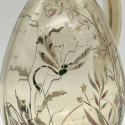 Emile Galle Enamelled Glass Jug, Decorated with Floral Patten and a Dragonfly