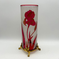 Old Baccarat Cameo Glass Vase with Metal Foot, Decorated with Iris