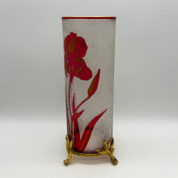 Old Baccarat Cameo Glass Vase with Metal Foot, Decorated with Iris