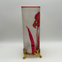 Old Baccarat Cameo Glass Vase with Metal Foot, Decorated with Iris