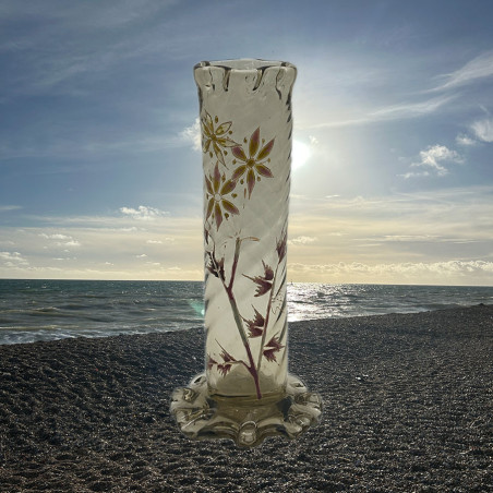 Emile Galle Enameled amber Glass Vase Decorated with Plant