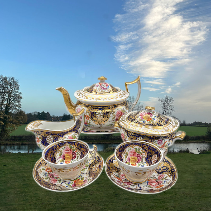 Old English Porcelain New Hall Tea Service, Hand Painted with Bouquets