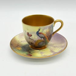 Royal Worcester Porcelain Demitasse, Hand Painted with Peacock by K Austin