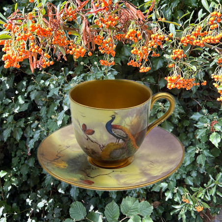 Royal Worcester Porcelain Demitasse, Hand Painted with Peacock by K Austin