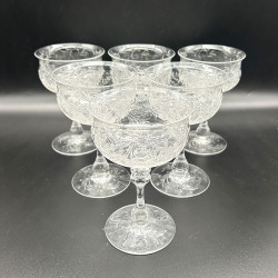 English Tudor Champagne Coupe Set of Six, Beautifully Intaglio Cut Plant Motif