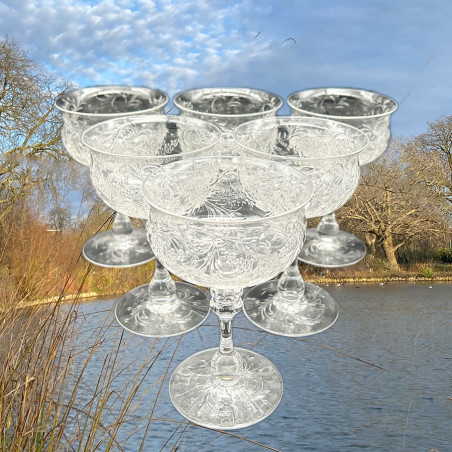 English Tudor Champagne Coupe Set of Six, Beautifully Intaglio Cut Plant Motif