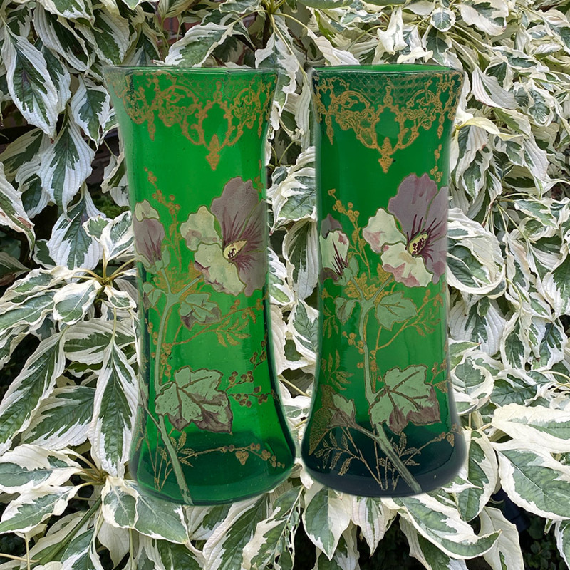 A Pair Legras (Mont Joys) Enameled Glass Vases, Decorated with Flowers