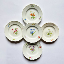 Meissen Porcelain Set of Six Cake Plates, Hand Painted with Flower