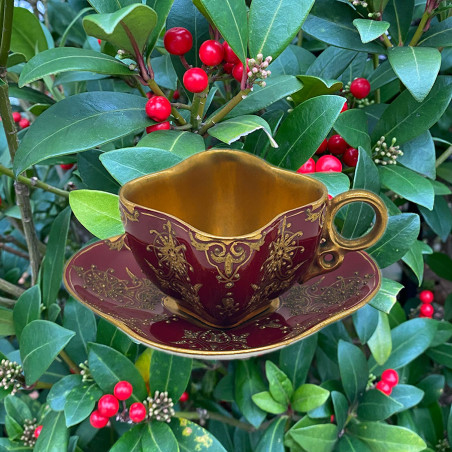 Coalport Porcelain Demitasse Cup and Saucer Gold Decoration on Crimson Ground