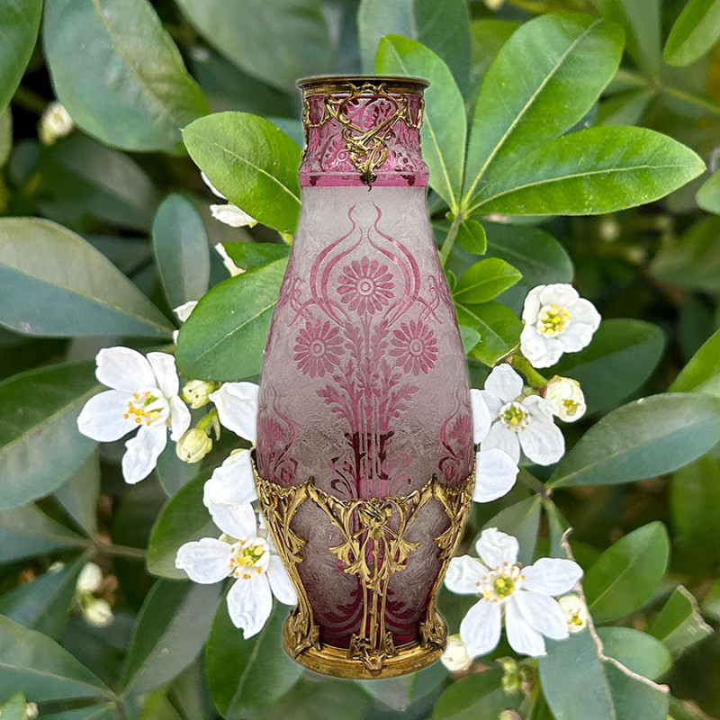 Old Baccarat Cameo Glass and Brass Mounted Vase , Acid Etched with Floral Pattern